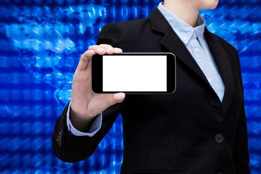 Business woman showing smartphone with white screen and copy space on global internet connecting background. Elegant design for business and smart technology of internet of thing concept.