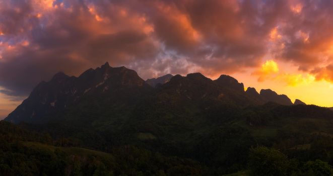 Panorama view of Doi Luang Chiang Dao mountain during sunset,The famous mountain for tourist to visit in Chiang Mai,Thailand.