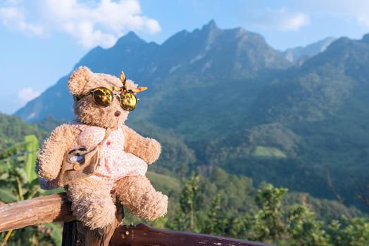 Bear doll sitting and relax in the morning time with nature mountain view in background 
