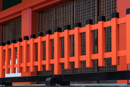 Close up of Japanese tradition wood structure at fushimi inari taisha shrine the one of attraction  landmarks for tourist in Kyoto, Japan.