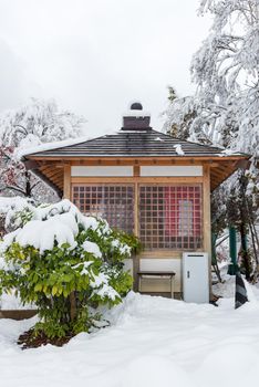 Fresh white snow fall at public park in winter season at Kawaguchiko,Japan