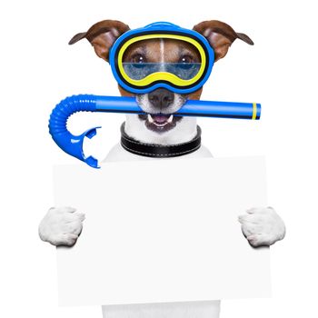 scuba dog with snorkel and goggles holding white blank banner or placard