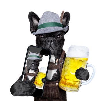 bavarian dog taking a selfie while holding a beer mug