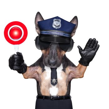 POLICE DOG ON DUTY WITH stop sign and hand , isolated on white blank background