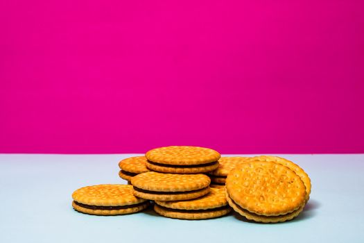 Round biscuits with chocolate cream, sandwich biscuits with chocolate filling isolated.