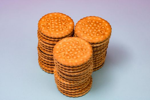 Round biscuits with chocolate cream, sandwich biscuits with chocolate filling isolated.