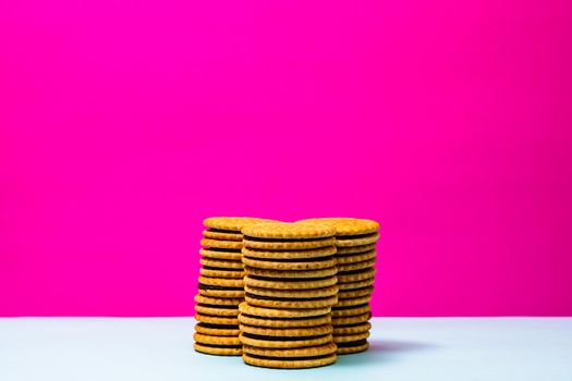 Round biscuits with chocolate cream, sandwich biscuits with chocolate filling isolated.