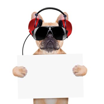 dj bulldog dog with headphones listening to music holding a white banner or placard , isolated on white background