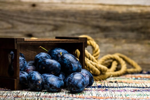 Ripe blue plums in a wooden crate in a rustic composition.