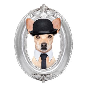 terrier dog portrait of  charlie chaplin, within an old retro wooden frame , isolated on white background