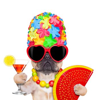 fawn french bulldog dog ready for summer vacation or holidays, wearing sunglasses and having a  cocktail,  isolated on white background