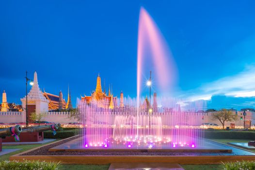 Fountain dance show in front of Wat Phra Kaew, Temple of the Emerald Buddha in Bangkok, Thailand.