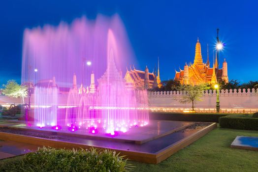 Fountain dance show in front of Wat Phra Kaew, Temple of the Emerald Buddha in Bangkok, Thailand.