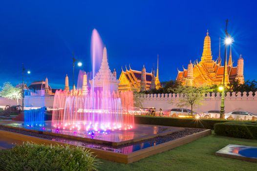 Fountain dance show in front of Wat Phra Kaew, Temple of the Emerald Buddha in Bangkok, Thailand.