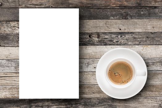 Flat lay Espresso coffee in coffee cup and white blank paper with copy-space on wooden table background.