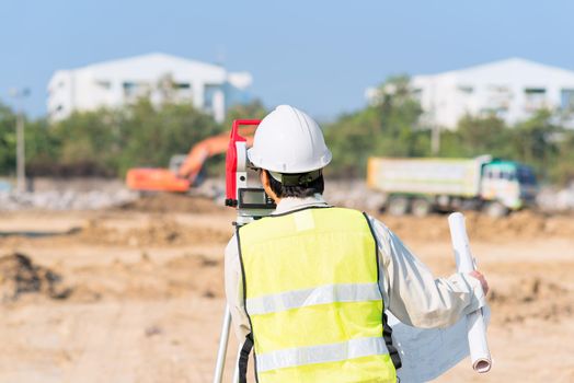 Asian construction engineer checking construction site for new Infrastructure project. photo concept for engineering work.