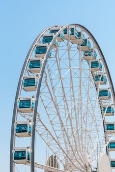 Close up Giant Ferris Wheel in Hong Kong near Victoria Harbor with clear sky background,Hong Kong.