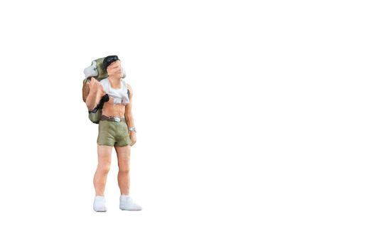 Close up of Miniature backpacker and tourist people isolated with clipping path on white background.Elegant Design with copy space for placement your text, mock up for business and travel concept