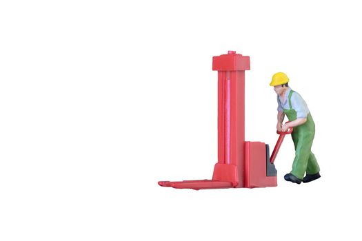 Miniature worker people with lifting tools isolated with clipping paht on white background. Elegant Design with copy space for placement your text, mock up for industrial and logistic concept