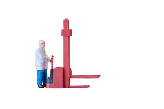 Miniature worker people with lifting tools isolated with clipping paht on white background. Elegant Design with copy space for placement your text, mock up for industrial and logistic concept