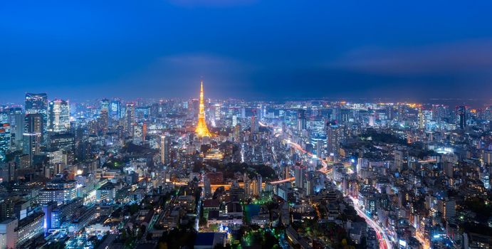 Panorama view over Tokyo tower and Tokyo cityscape view from Roppongi Hills at night in Tokyo,Japan