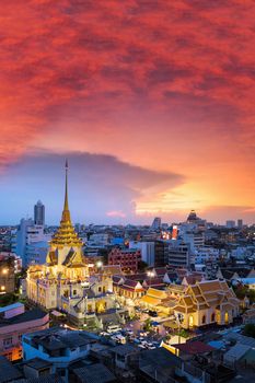 Landscape view of Wat Traimit Witthayaram Worawihan attractive bangkok's temple for tourism at sunset. Temple of the Biggest Golden Buddha in Bangkok, Thailand