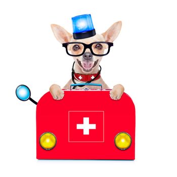 chihuahua dog as a medical veterinary emergency doctor with stethoscope and first aid kit behind a white and blank banner  and blue lights, isolated on white background