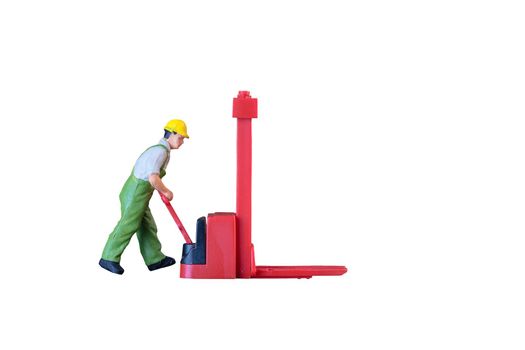 Miniature worker people with lifting tools isolated with clipping paht on white background. Elegant Design with copy space for placement your text, mock up for industrial and logistic concept