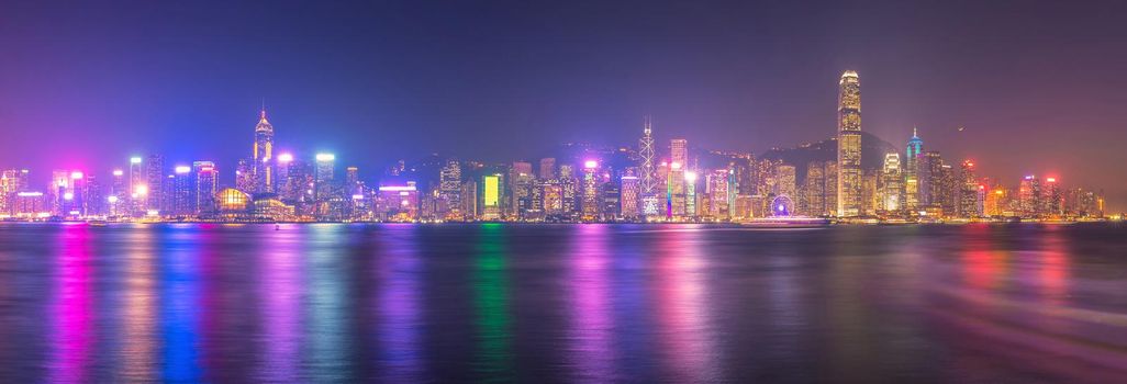 Panorama view of Hong kong downtown the famous cityscape view of Hong Kong skyline during twilight time from Kowloon side at Hong Kong