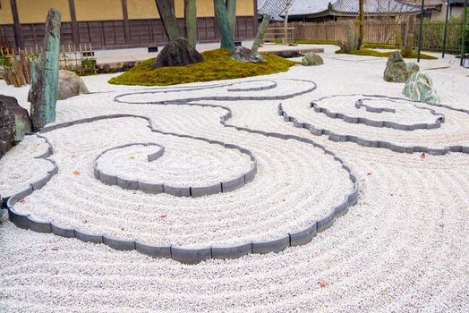 Japanese ZEN garden zen garden meditation stone in lines sand for relaxation balance and harmony spirituality or wellness in Kyoto,Japan