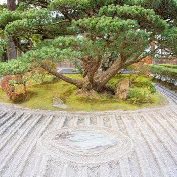 Japanese zen garden meditation stone in lines sand for relaxation balance and harmony spirituality or wellness in Kyoto,Japan