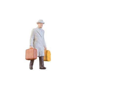 Close up of Miniature businessman and tourist people isolated with clipping path on white background.Elegant Design with copy space for placement your text, mock up for business and travel concept