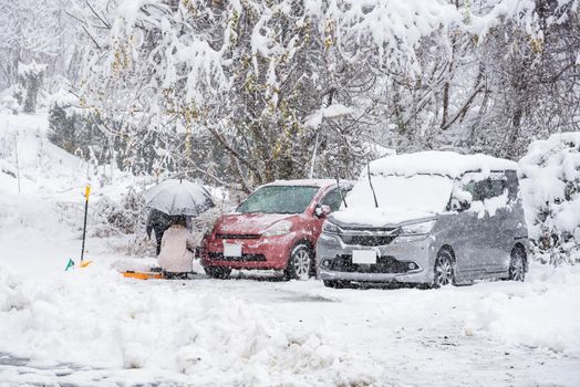 Fresh white snow falling in winter season at Kawaguchiko,Japan