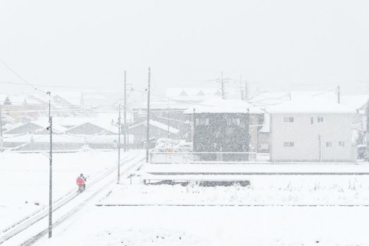 Fresh white snow falling in winter season at Kawaguchiko,Japan