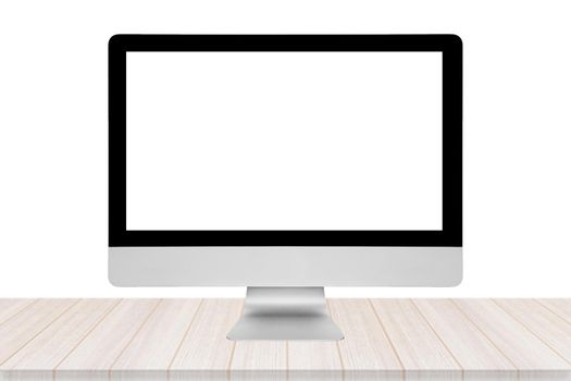 Smart modern PC with blank white screen on wooden table with white background.Photo design for smart technology and internet of things concept.