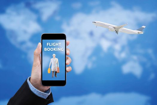 Smart Business women showing smartphone for flight booking. Elegant Design with copy space for technology and travel transportation concept.