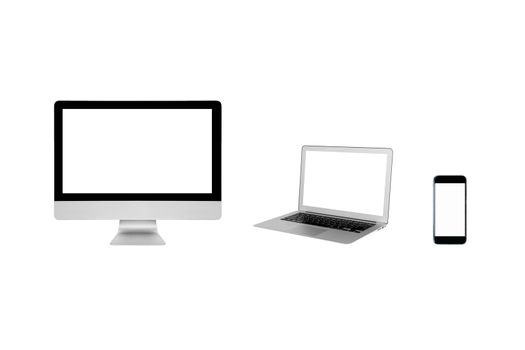 Smart modern computer PC,Laptop and smartphone with blank screen isolated on white background.Photo design for smart technology and internet of things concept.