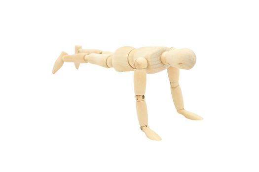 Wooden mannequin human with Push-Up action isolated with clipping path on white background.Photo concept for Sport and Healthy lifestyle
