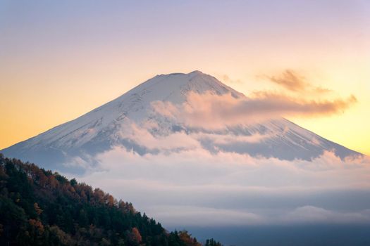 Beautiful natural landscape view of Mount Fuji at Kawaguchiko during sunset in autumn season at Japan. Mount Fuji is a Special Place of Scenic Beauty and one of Japan's Historic Sites.