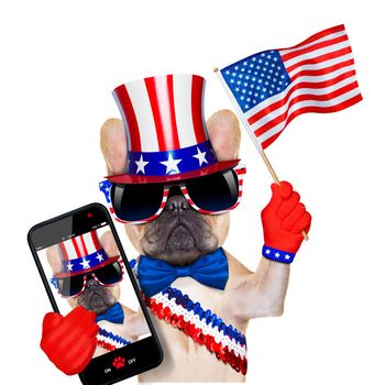 french bulldog waving a flag of usa on independence day on 4th  of july , isolated on white background, while taking a selfie