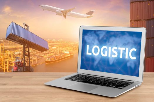 Laptop showing business logistic and internet of things technology concept for Global business connection to customer for worldwide container cargo shipping with logistic concept background