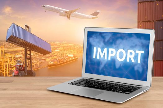 Laptop showing business import and internet of things technology concept for Global business connection to customer for worldwide container cargo shipping with logistic concept background