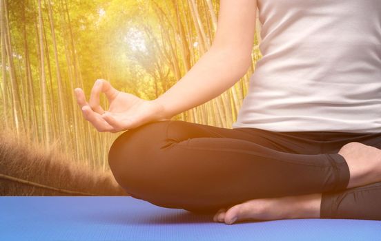 Young woman keep calm and meditates while practicing yoga in nature bamboo forest. Yoga and meditation have good benefits for health. Photo concept for Yoga Sport and Healthy lifestyle