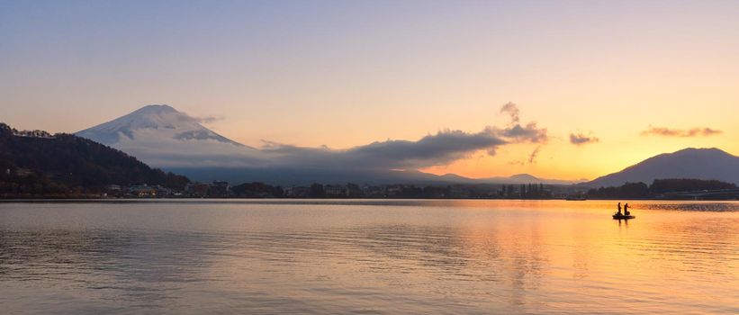 panorama view of natural landscape of Mount Fuji at Kawaguchiko during sunset in autumn season at Japan. Mount Fuji is a Special Place of Scenic Beauty and one of Japan's Historic Sites.