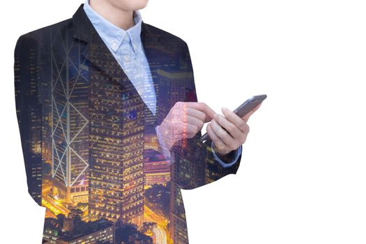Double exposure Young business woman is using smart technology of internet of things with smart city on white background with clipping path. Elegant Design for business and technology concept