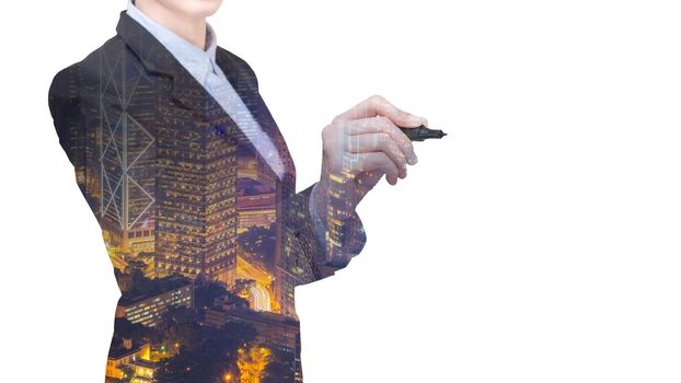 Double exposure Young business woman holds a marker writing in air with smart city on white background with clipping path. Elegant Design for business and smart technology concept