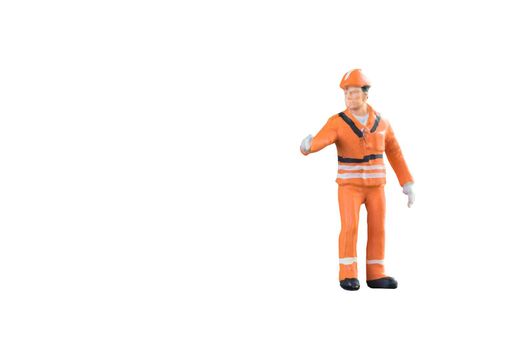 Miniature people engineer and worker occupation isolated with clipping paht on white background. Elegant Design with copy space for placement your text, mock up for industrial and construction concept