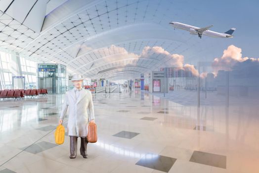 Close up of Miniature businessman and tourist people in national airport on white background.Elegant Design with copy space for placement your text, mock up for business and travel concept