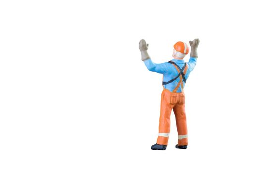 Miniature people engineer and worker occupation isolated with clipping paht on white background. Elegant Design with copy space for placement your text, mock up for industrial and construction concept