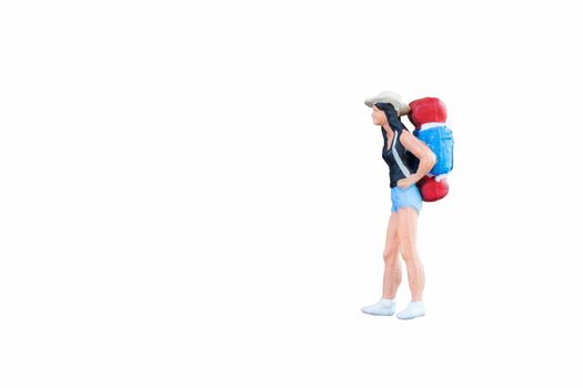 Close up of Miniature backpacker and tourist people isolated with clipping paht on white background.Elegant Design with copy space for placement your text, mock up for travel concept